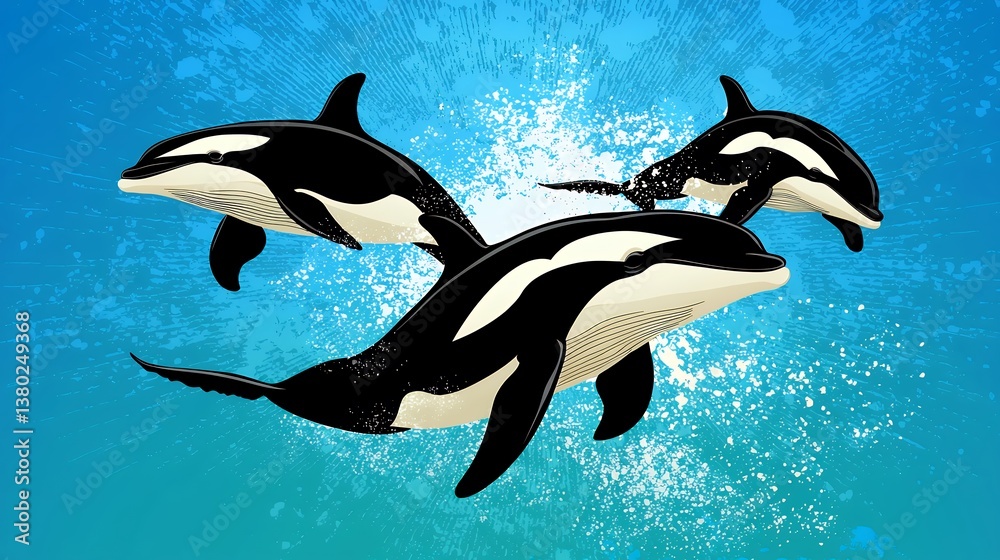 Fototapeta premium Three Orcas Leaping in Turquoise Water