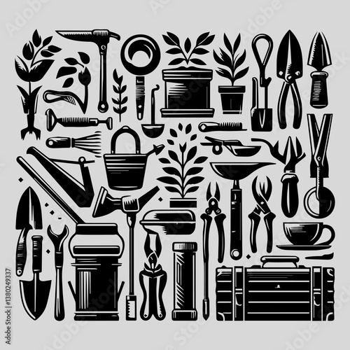 Detailed Gardening Tool Composition Vector Graphic. Retro Black and White Design
