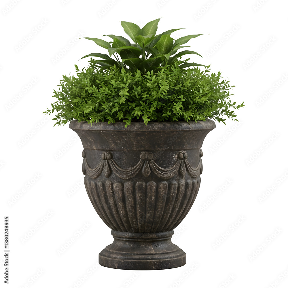 Ornate Urn Planter with Lush Greenery Display Ornate Urn Planter with Lush Greenery Display