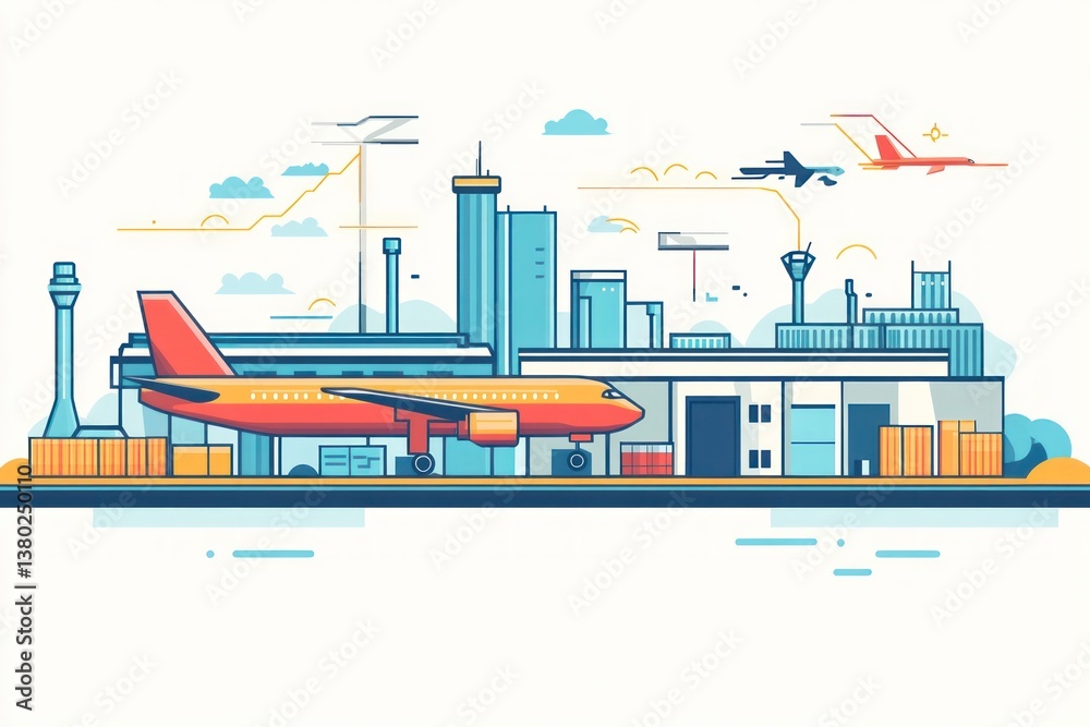 Fototapeta premium Airport scene with planes, buildings, and cargo; illustration for travel, logistics, or business concepts