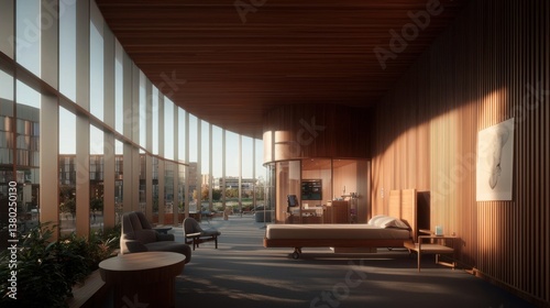 A luminous, expansive interior of a home. The interior showcases wood paneled walls and ceiling, floor-to-ceiling windows, allowing natural light to flood the space. 