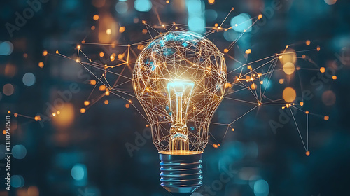 A light bulb is lit up in a cityscape
