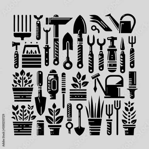 Detailed Gardening Tool Composition Vector Graphic. Retro Black and White Design