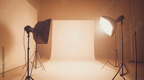 A photography studio setup with soft lighting and a backdrop for photo shoots.