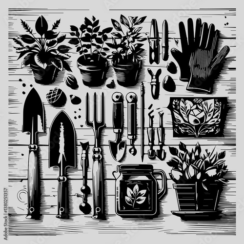 Monochrome Gardening Equipment Illustration. Vintage Black and White Art