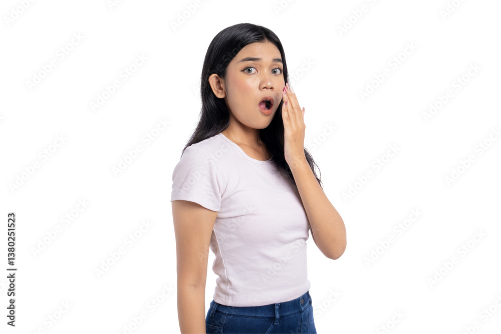 Surprised young Asian woman with a shocked expression, covering her mouth, isolated on transparent background Surprised young Asian woman with a shocked expression, covering her mouth, isolated on transparent background