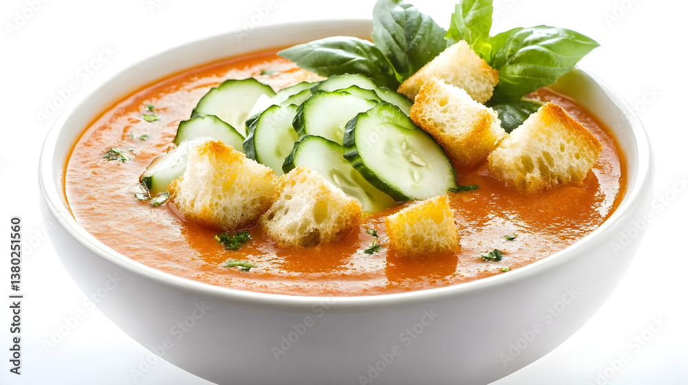 A bowl of gazpacho with garnishes of cucumber and croutons A bowl of gazpacho with garnishes of cucumber and croutons