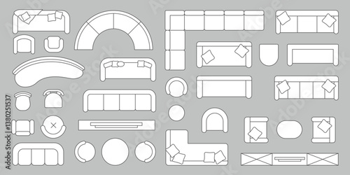 Furniture outline top view. Floor plan icons set for design interior and architectural project. Furniture thin line icon in top view for layout.