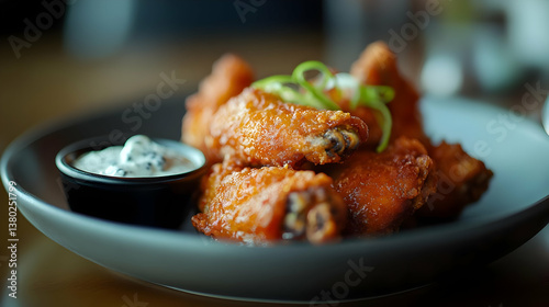 A plate of crispy chicken wings served with a side of dipping sauce.