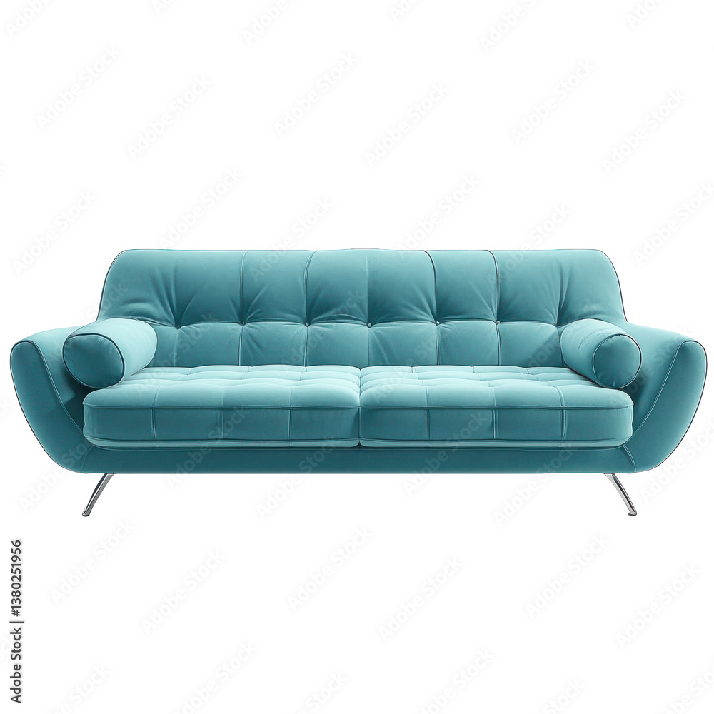 Obraz premium Modern teal sofa with curved armrests on transparent background