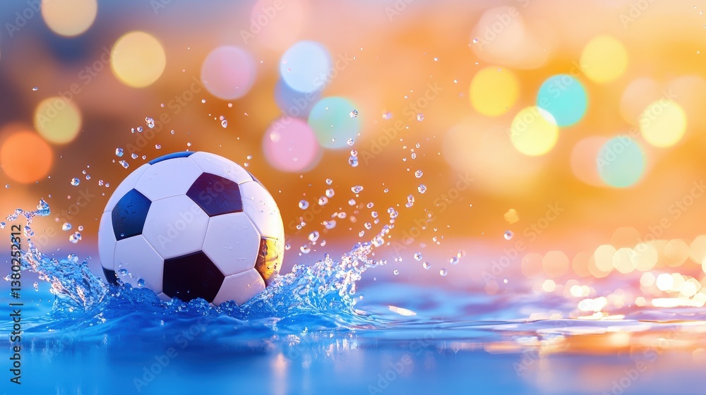 Fototapeta premium A soccer ball splashes in water, illuminated by soft, colorful bokeh lights, creating a vibrant and dynamic scene.