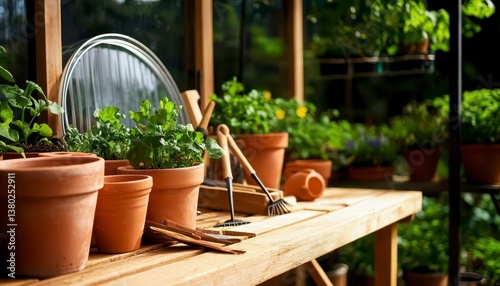A cozy greenhouse with a wooden potting bench terracotta pots and gardening tools. Greenhouse haven plants and tools.