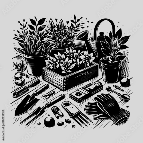 Gardening Tool Collection Vector Graphic. Detailed Black and White Illustration