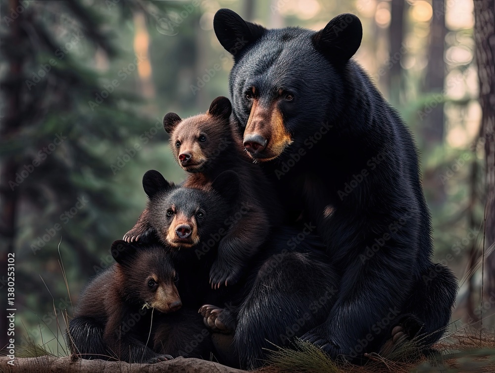 Obraz premium Black bear with cubs in the environment.