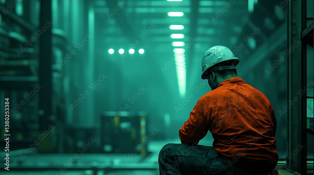 A worker in protective gear sits contemplatively in a dimly lit industrial space, illuminated by green light. A worker in protective gear sits contemplatively in a dimly lit industrial space, illuminated by green light.