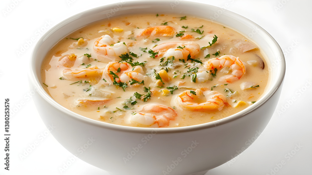A bowl of seafood chowder with shrimp and clams A bowl of seafood chowder with shrimp and clams