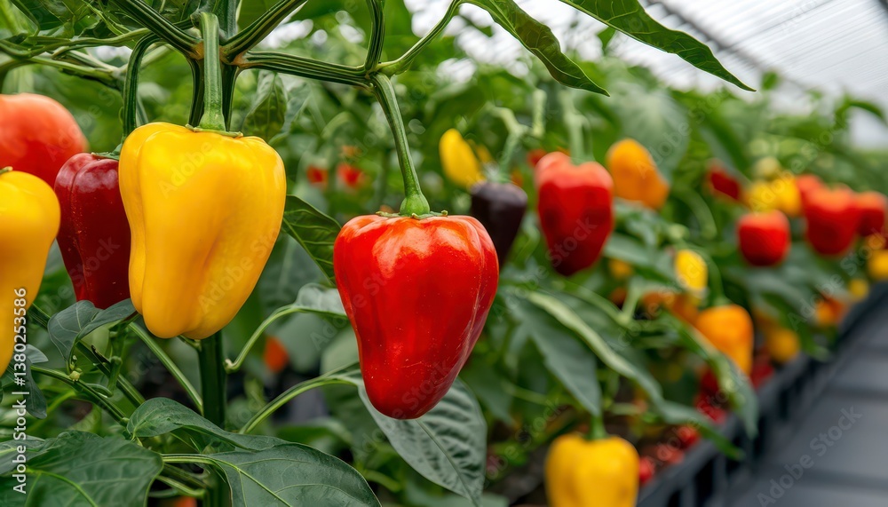 A greenhouse with rows of pepper plants their colorful fruits hanging from the branches. Colorful peppers in a glasshouse. A greenhouse with rows of pepper plants their colorful fruits hanging from the branches. Colorful peppers in a glasshouse.