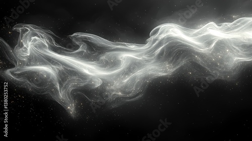 Glowing, ethereal, swirling smoke with sparkling specks on a stark, dark background