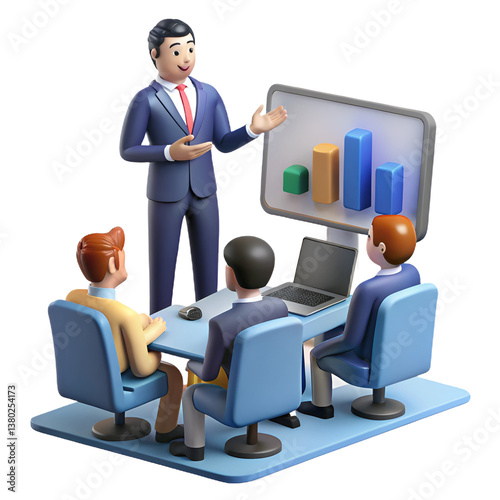 Animated figures participating in a professional business meeting, showcasing teamwork, data presentations, and collaboration skills in an office environment.