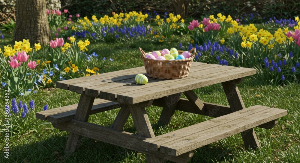 Fototapeta premium Pastel Easter Eggs and Spring Flowers at a Picnic Table