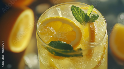 A refreshing drink with lemon slices and mint leaves, served over ice.
