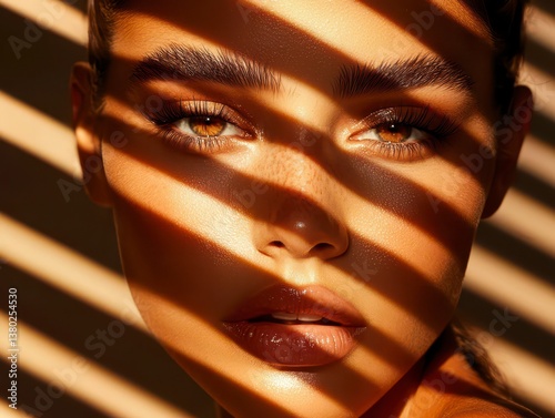 A model with flawless skin her face illuminated with soft even lighting photo . Perfect complexion soft light portrait.
