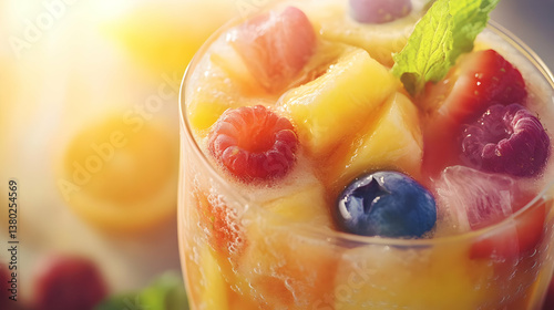 A refreshing fruit cocktail with vibrant berries and pineapple, garnished with mint.
