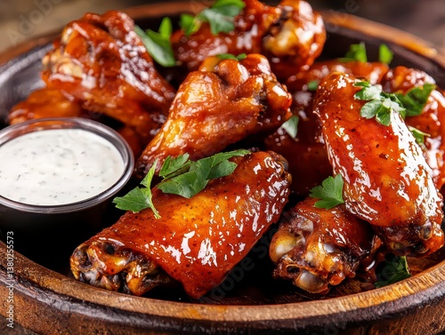 A rustic plate of crispy hot wings glazed in a spicy sauce garnished with fresh herbs and served with a side of ranch dipping sauce ultra HD . Delicious spicy chicken with dip.
