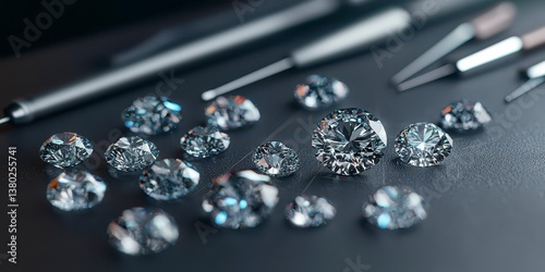 A shot of a diamond cutting and polishing workshop with tools and uncut gems on the table . Sparkling gems workshop scene.