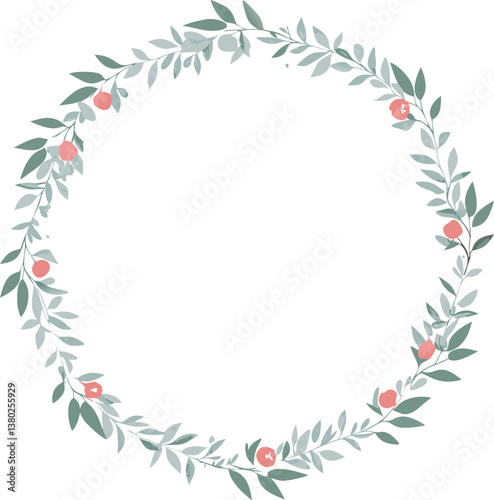 Elegant Floral Wreath Design Green Leaves and Pink Berries Circle