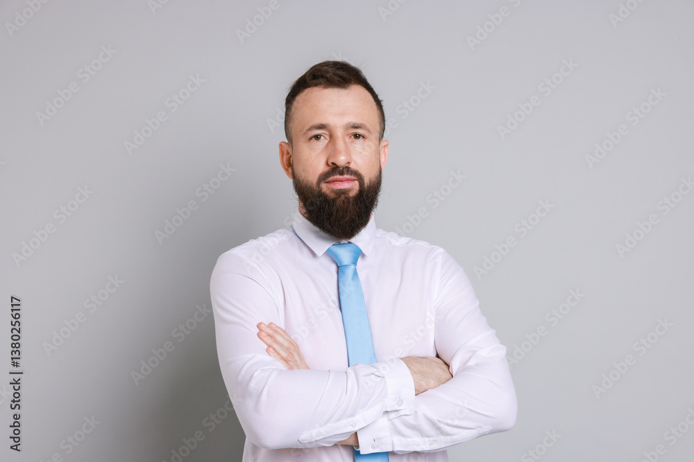 Handsome bearded man in formal outfit on grey background Handsome bearded man in formal outfit on grey background