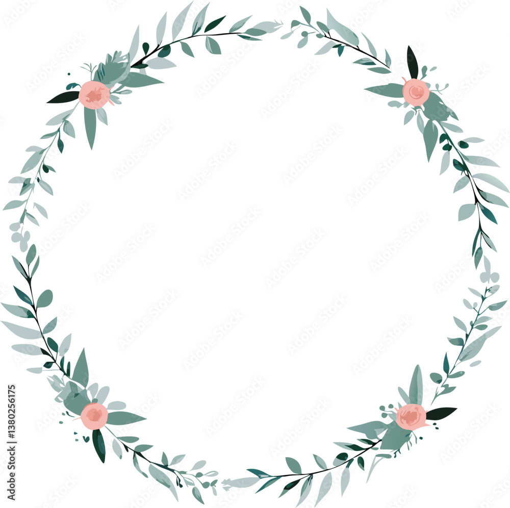 Fototapeta premium Elegant Floral Wreath Frame Green Leaves, Pink Roses, Wedding