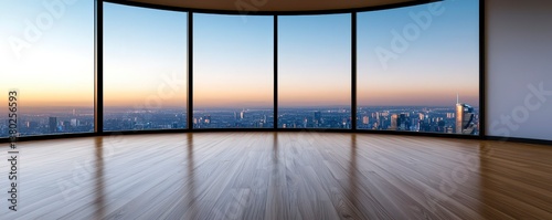 An empty modern living room with a large floor to ceiling window overlooking a futuristic cityscape. Bright room vast window city view.