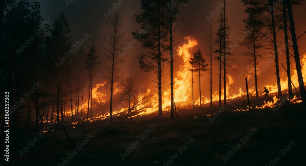 Devastating forest fire engulfs pine trees at night. Wildfire disaster in wooded area. Environmental destruction and climate change impact on ecosystem. Firefighting challenge. Devastating forest fire engulfs pine trees at night. Wildfire disaster in wooded area. Environmental destruction and climate change impact on ecosystem. Firefighting challenge.