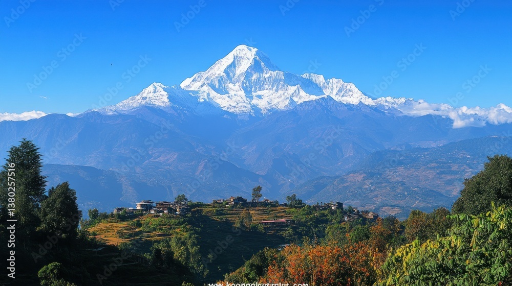 Fototapeta premium A majestic snow capped mountain rises above a rural village