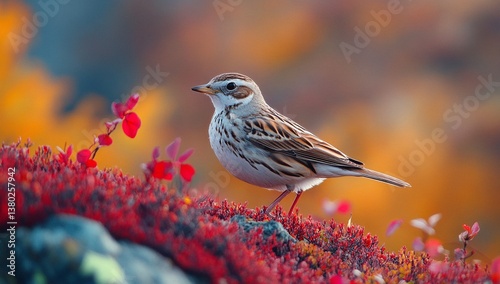 A small bird with brown, white, and gray feathers perches on a vibrant red plant against a blurred, warm-toned background.