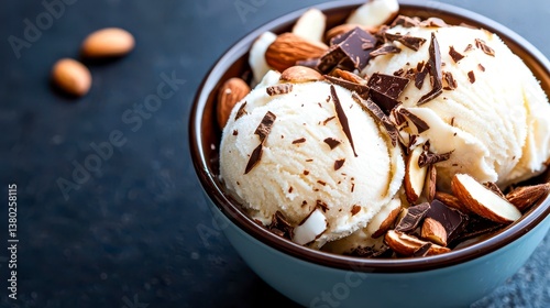 Dairy free coconut ice cream served in a bowl with chocolate shavings and sliced almonds. Sweet coconut treat with nuts.