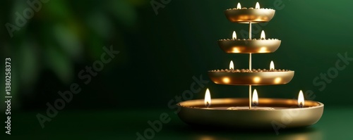 Diwali diya stand multi tiered with candles 3D illustration. Festive candlelight holder design.