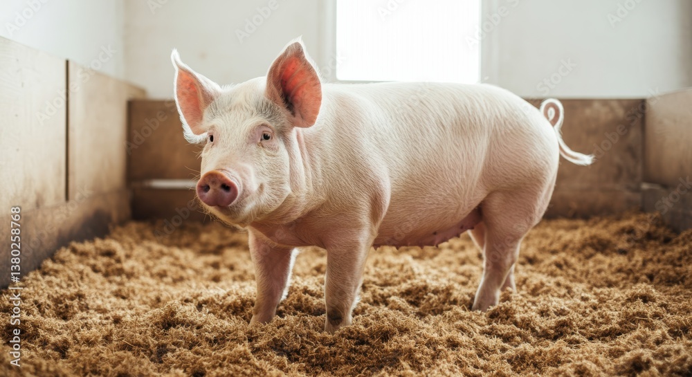 Healthy adult pig standing in clean barn environment Healthy adult pig standing in clean barn environment