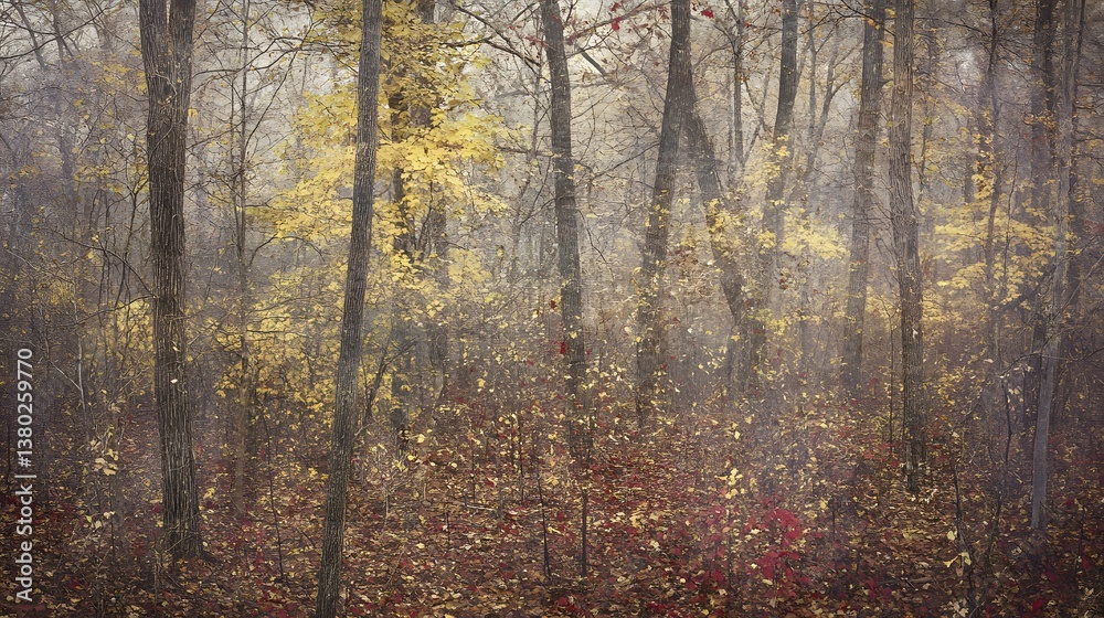 Fototapeta premium Foggy autumn forest path, creating a peaceful and reflective atmosphere UHD 4K Image