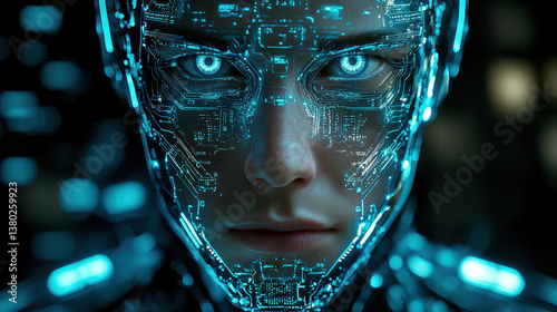 Cybernetic face featuring human blend and chrome parts with neon circuits in a retro-futuristic style