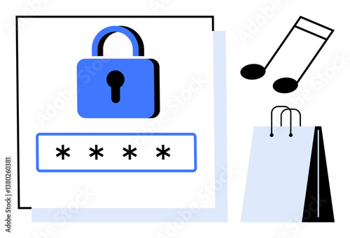Blue lock with password field, music note, and shopping bag representing online security, data protection, e-commerce, entertainment. Ideal for privacy, authentication, shopping entertainment