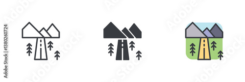 Mountain landscape with a road running through and trees different style icon set