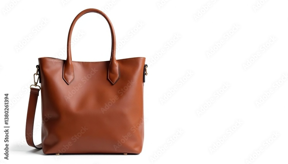 Brown leather tote bag isolated on white background , macro, travel bag Brown leather tote bag isolated on white background , macro, travel bag