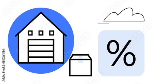 Warehouse building alongside a parcel box, percentage sign for discounts, and cloud. Ideal for retail, logistics, delivery, e-commerce, warehouse management sales and supply chain concepts. Flat