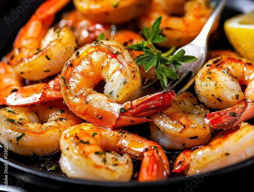Sauteed shrimps and prawns seasoned with garlic herbs and lemon displayed on a black background with copy space image focus cover all object deep dept of field. Seafood delight on dark