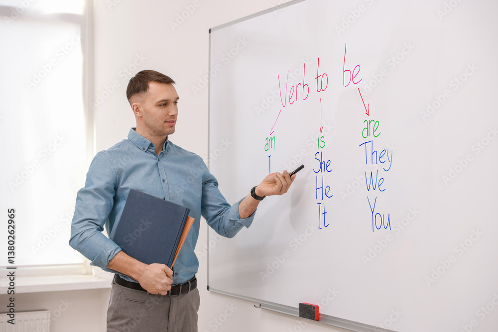 English teacher explaining verb to be at whiteboard in classroom
