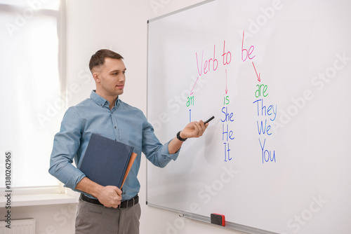 Obraz na płótnie English teacher explaining verb to be at whiteboard in classroom w salonie