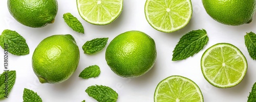 Top down view of whole and cut limes with fresh mint leaves spread evenly on a white background. Bright natural colors focus cover all object deep dept of field. Lime mint and white