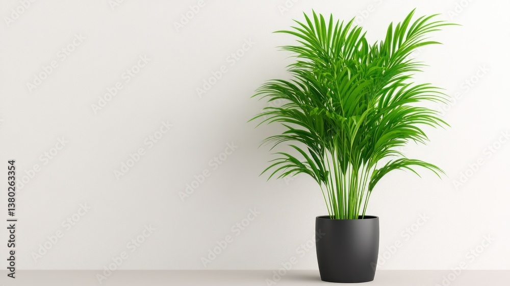 Fototapeta premium Serene Minimalist Home Decor: A Lush Green Indoor Palm Plant in a Sleek Black Pot Against a White Wall
